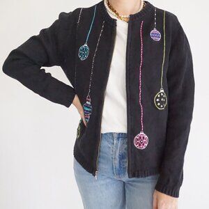 Vintage Craft & Barrow Black Knit Embroidered Beaded Ornaments Holiday Sweater M